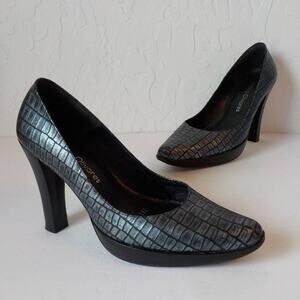 Ramiro Olivares Blue Pumps Women 8M Snake Print Leather High Heels Round Toe 5MX